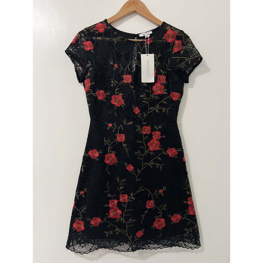 Lucy Paris Black Lace Embroidered Floral Cap Sleeve Dress Size Smallβ